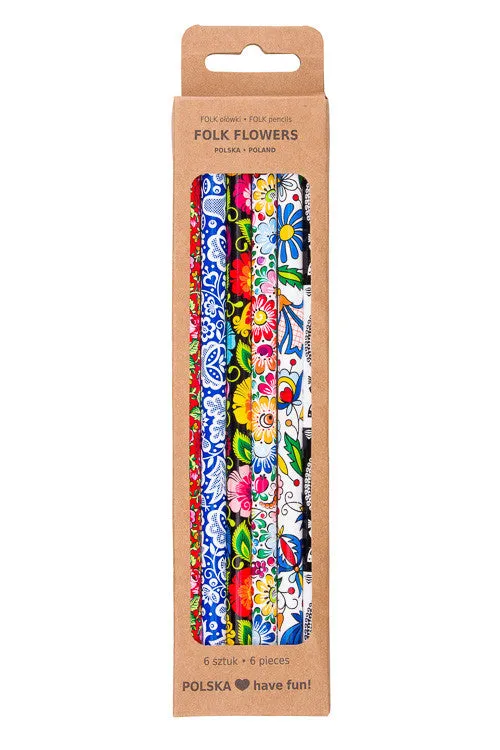 Polish Folk Art Wood Pencils with Eraser, Set of 6 in a box