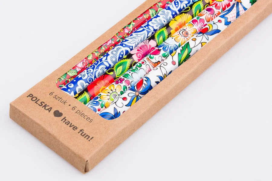 Polish Folk Art Wood Pencils with Eraser, Set of 6 in a box