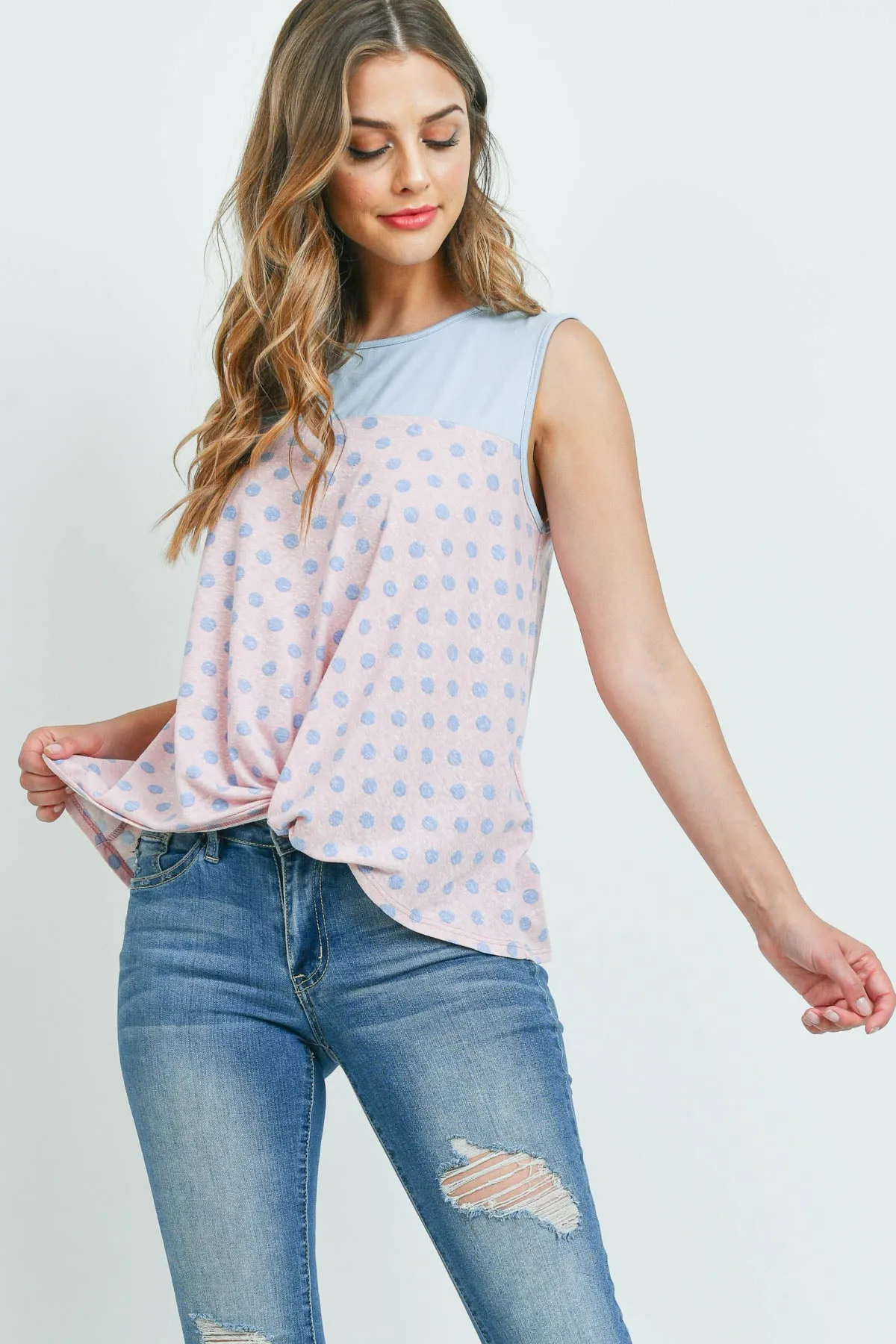 Polka Dot Front Knot Sleeveless Top