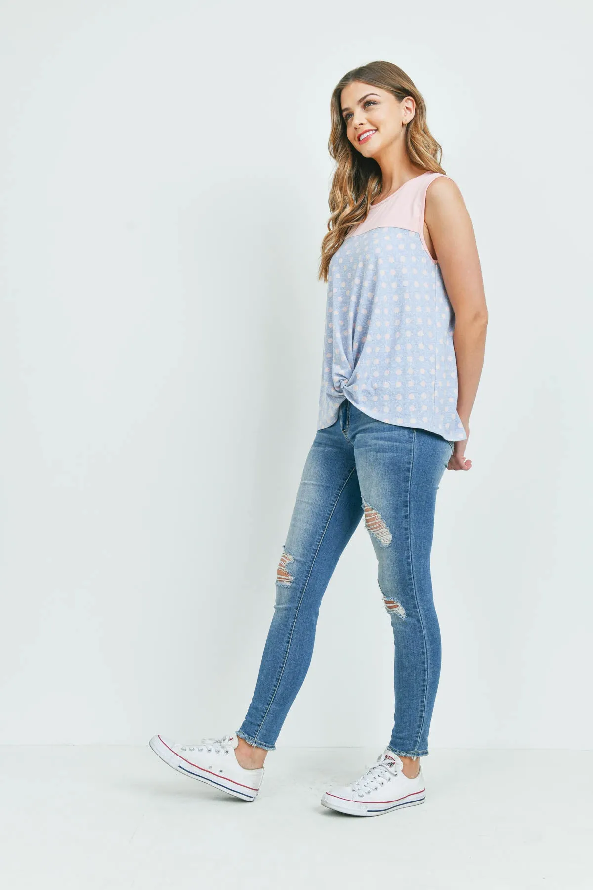Polka Dot Front Knot Sleeveless Top