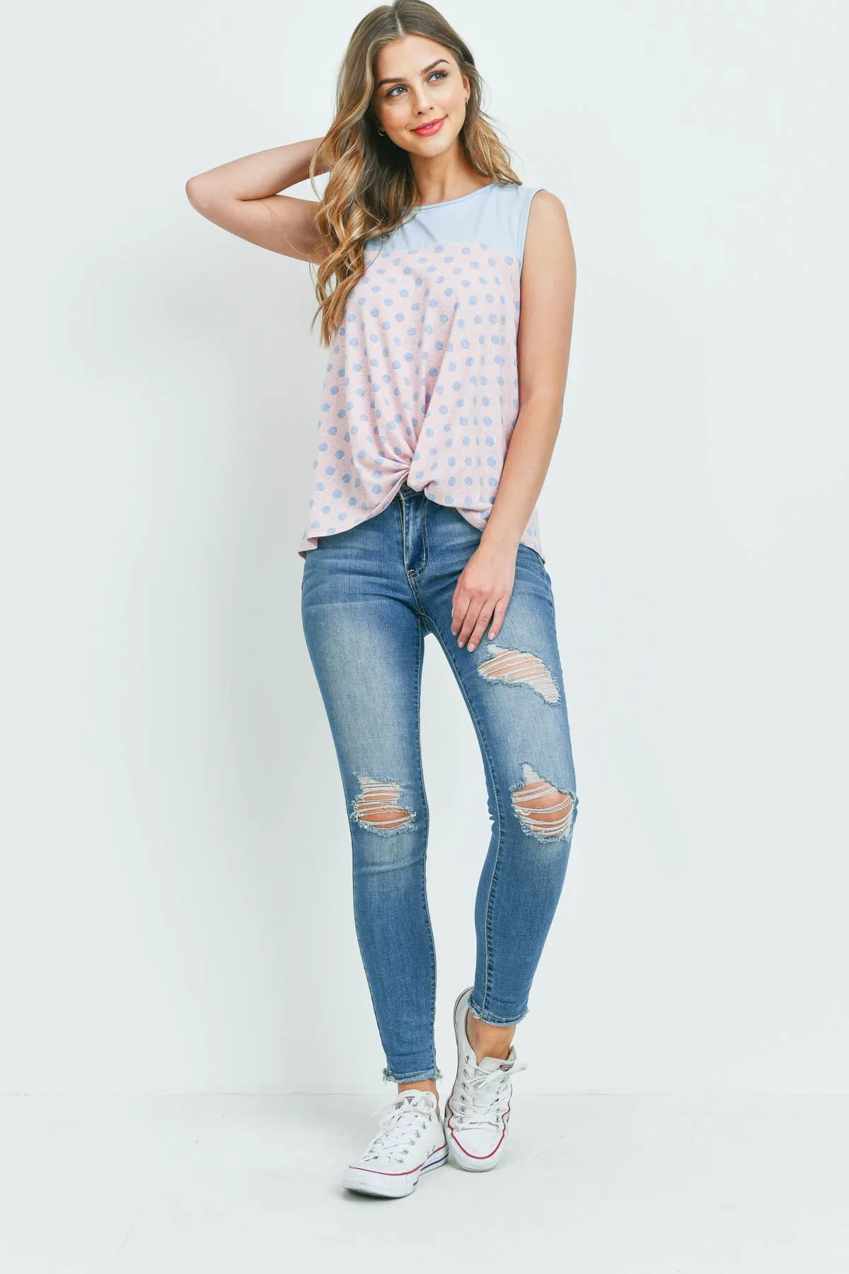 Polka Dot Front Knot Sleeveless Top