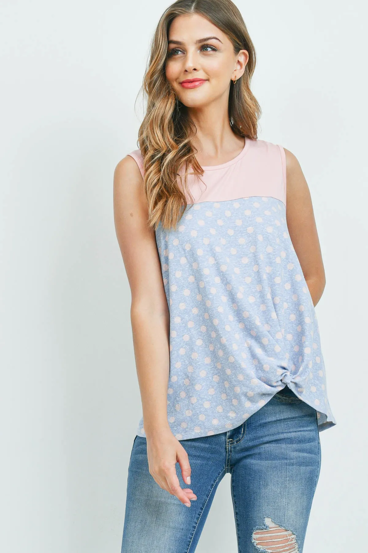 Polka Dot Front Knot Sleeveless Top