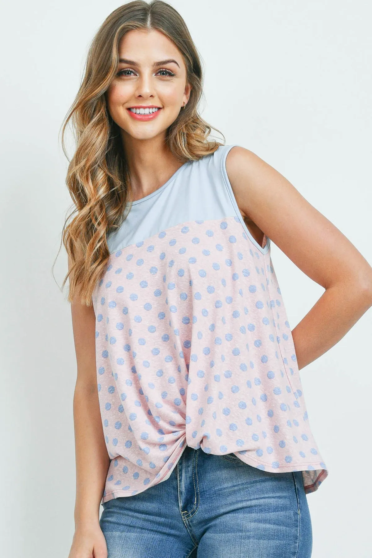 Polka Dot Front Knot Sleeveless Top