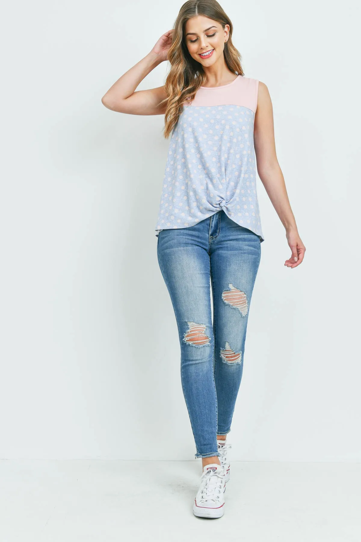 Polka Dot Front Knot Sleeveless Top