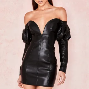 PU Leather Back Zip Wrap Chest V Sexy Hip Dress