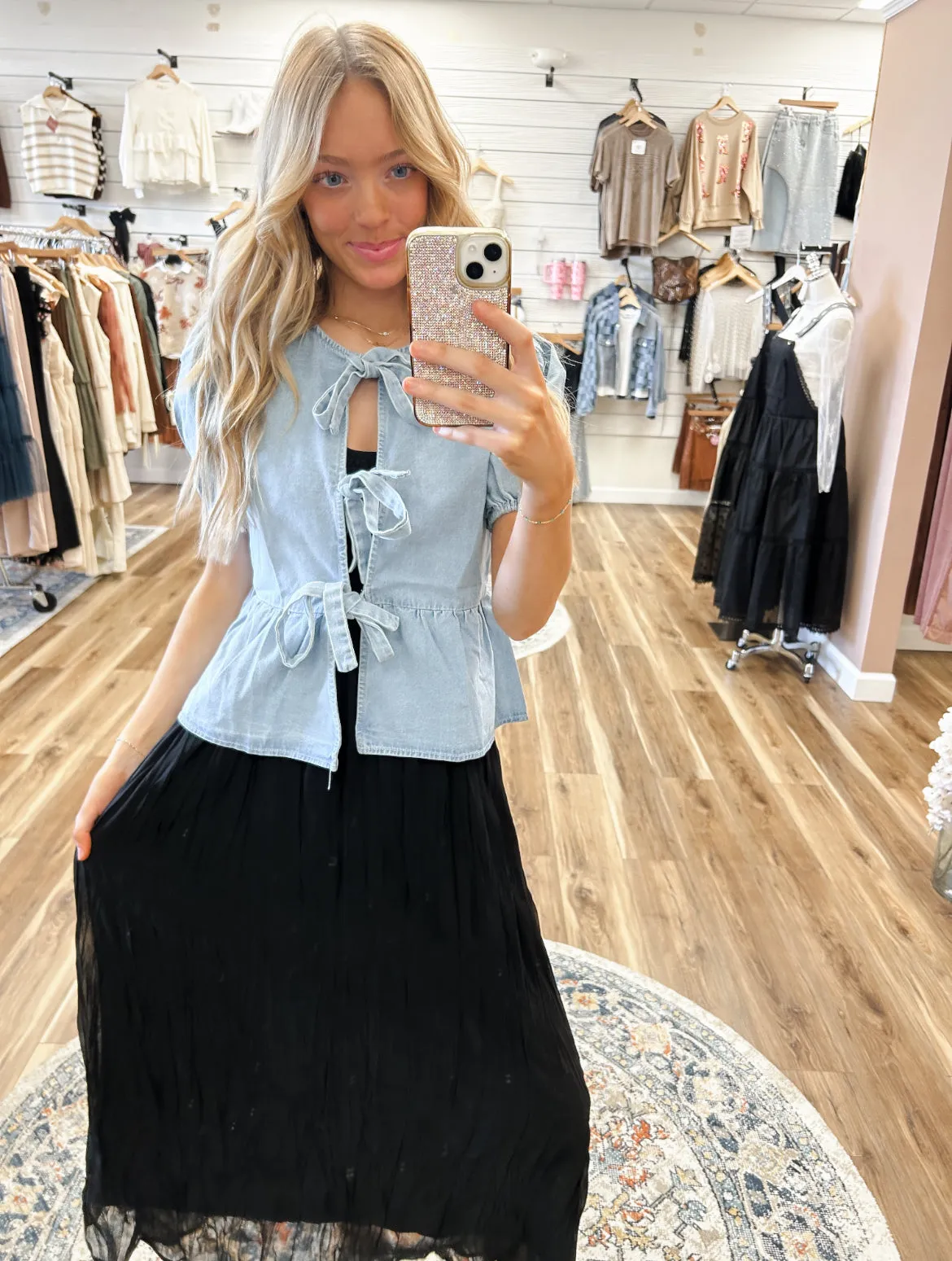 Puff Sleeve Tie Front Denim Peplum Top