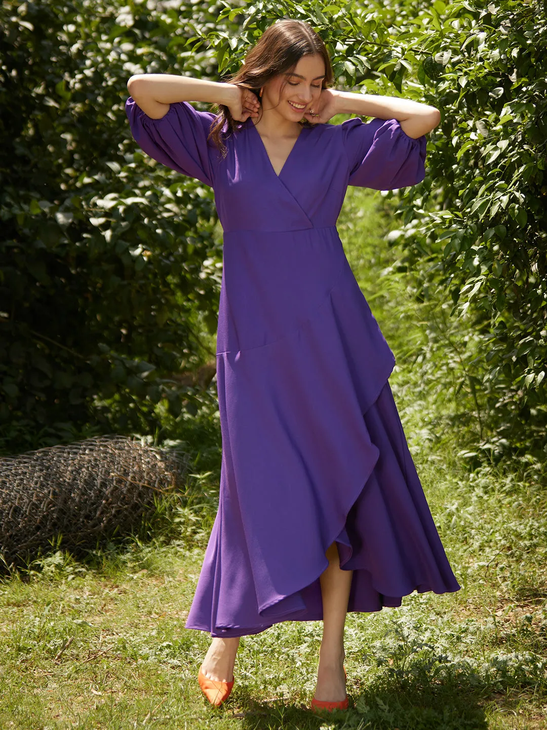 Purple Wrap Ruffle Maxi Dress