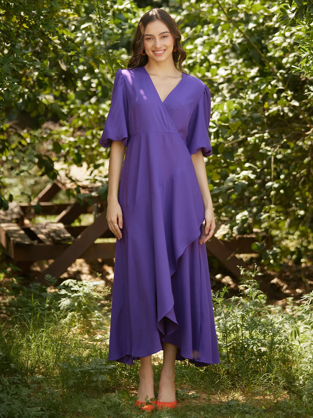 Purple Wrap Ruffle Maxi Dress
