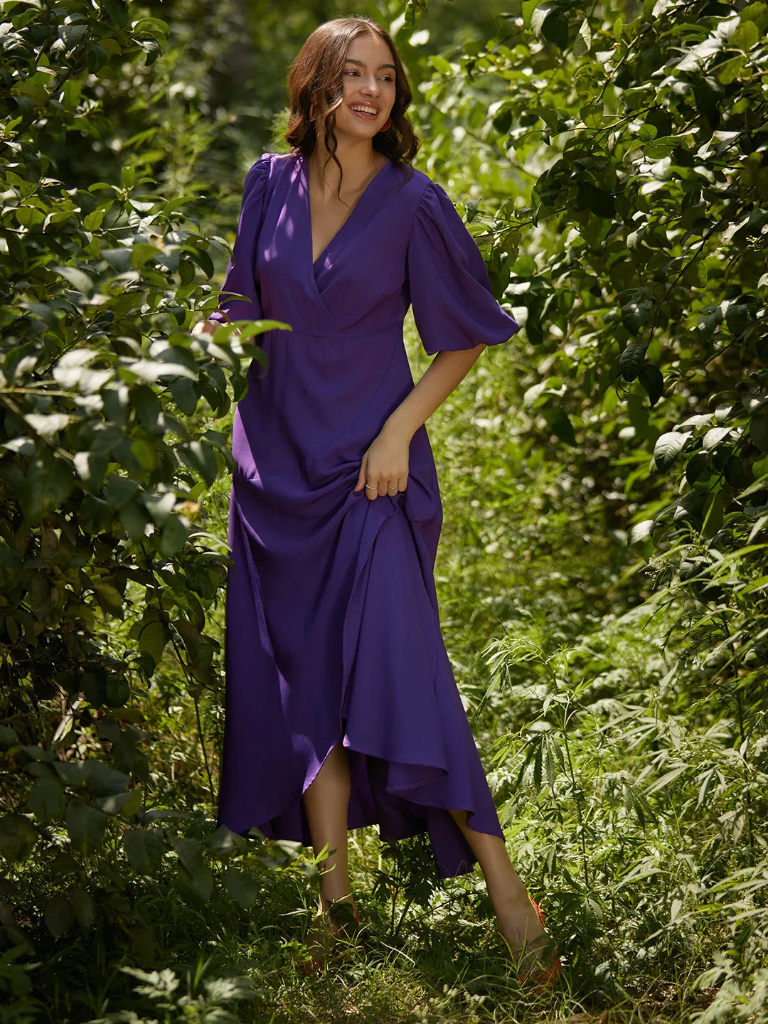 Purple Wrap Ruffle Maxi Dress