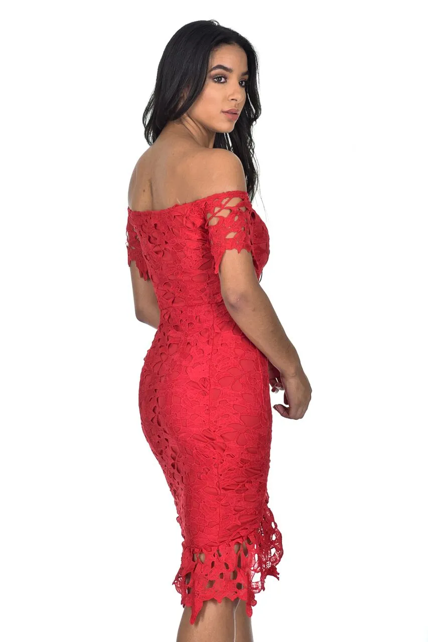 Red Crochet Bardot Frill Wrap Dress