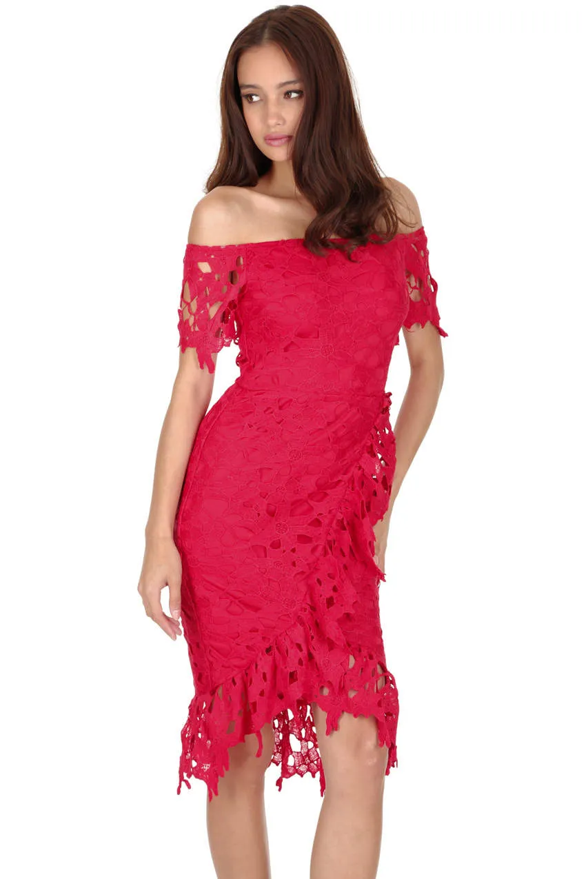 Red Crochet Bardot Frill Wrap Dress