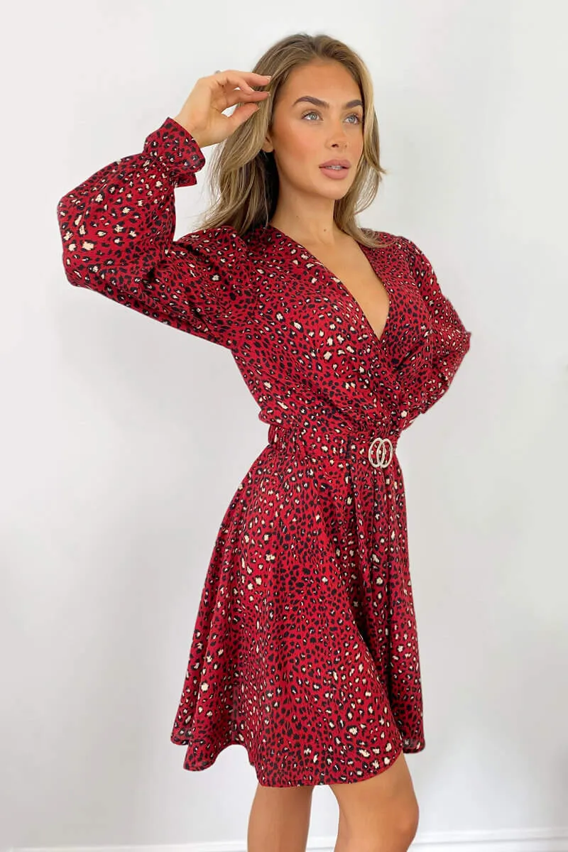 Red Printed Wrap Over Belted Skater Dress