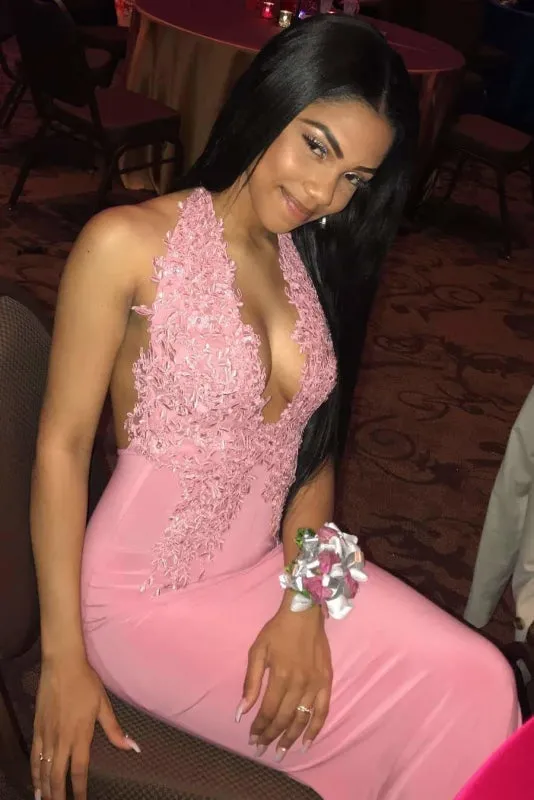Romantic Pink Halter Lace Appliques Backless Long Prom Dresses