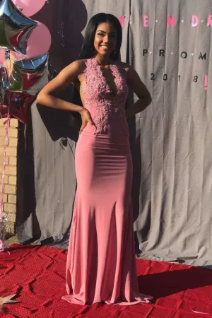 Romantic Pink Halter Lace Appliques Backless Long Prom Dresses