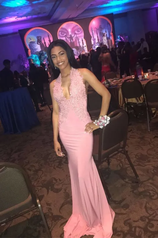 Romantic Pink Halter Lace Appliques Backless Long Prom Dresses