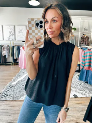 Ruched Sleeveless Black Blouse