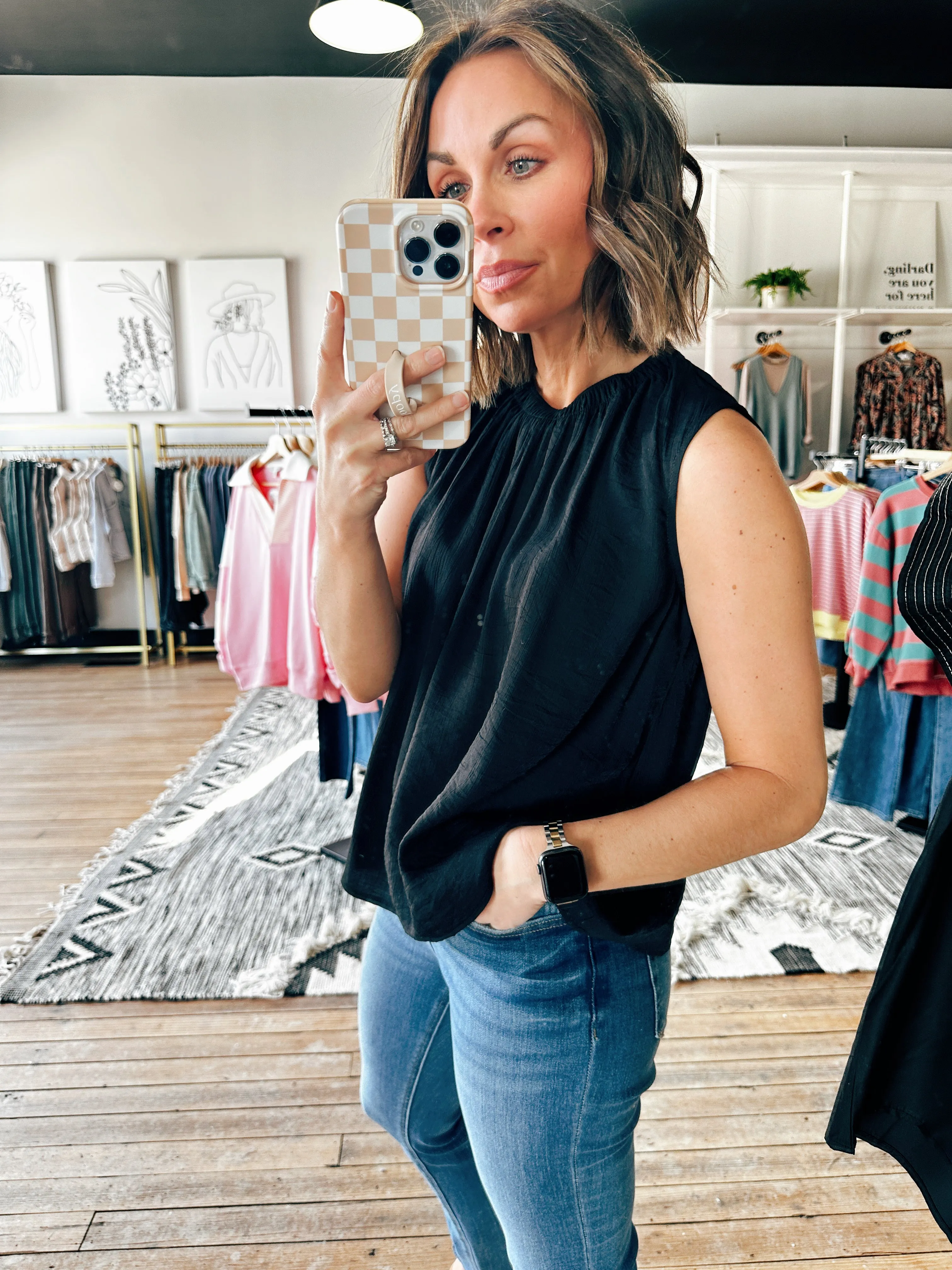 Ruched Sleeveless Black Blouse