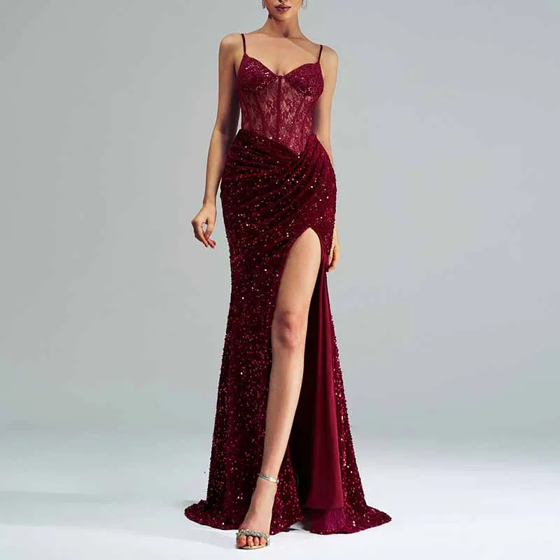 Sequin Spaghetti Strap Prom Dress High Split Wrap Formal Evening Gowns