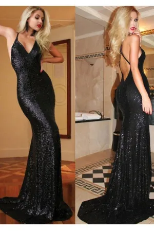 Sexy Spaghetti V-neck Long Mermaid Dresses Black Backless Sequin Prom Dress