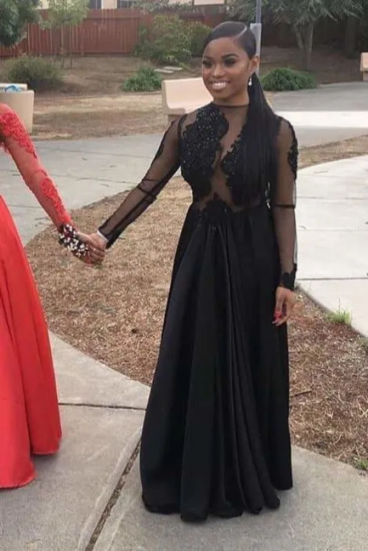 Sheer Black Long Sleeve Lace Evening Long Prom Dresses