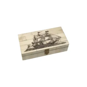Ship of the Line Engraved Scrimshaw Bone Box