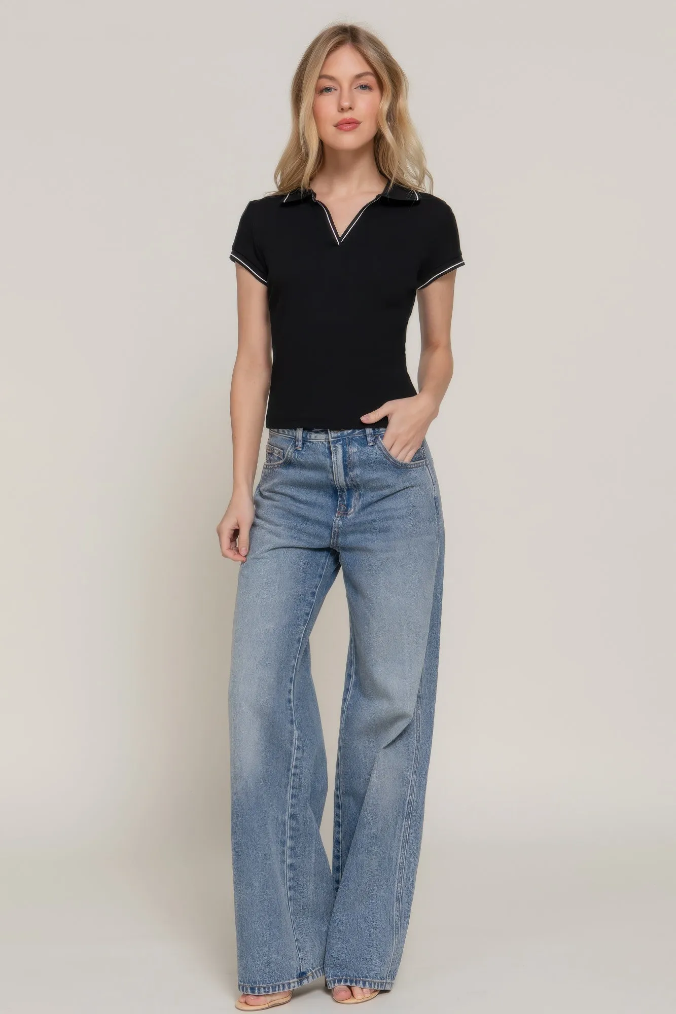 Short Slv Line Detail Polo Rib Knit Top