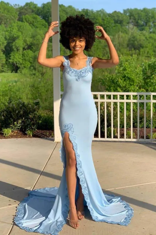 Simple Sleeveless Spaghetti Strap Side Slit Prom Dresses