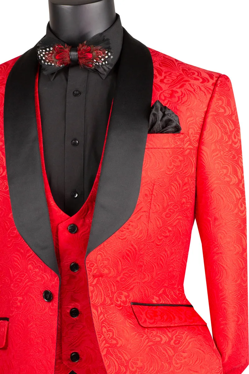 Slim Fit 3 Piece Single Button Jacquard Fabric Tuxedo (Red) TVSJ-1
