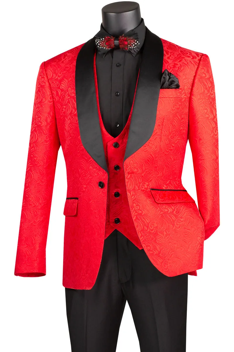 Slim Fit 3 Piece Single Button Jacquard Fabric Tuxedo (Red) TVSJ-1