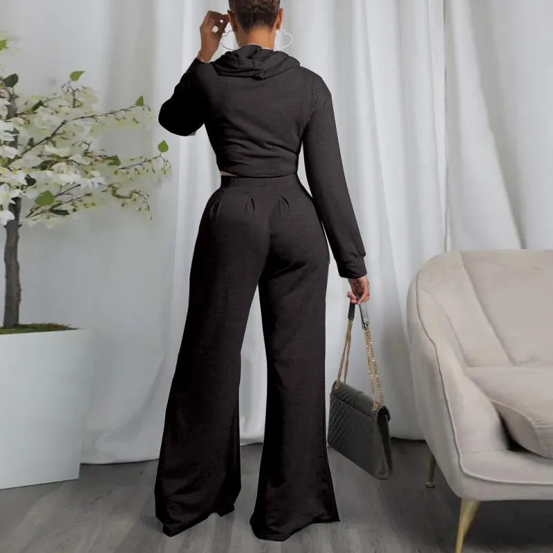 Solid Long Sleeve Irregular Hoodie Top & Wide Leg Pants Set