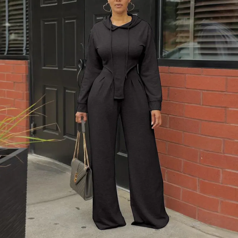 Solid Long Sleeve Irregular Hoodie Top & Wide Leg Pants Set