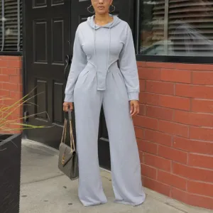 Solid Long Sleeve Irregular Hoodie Top & Wide Leg Pants Set