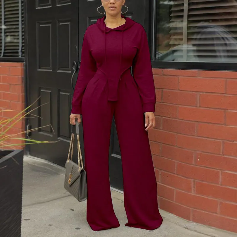 Solid Long Sleeve Irregular Hoodie Top & Wide Leg Pants Set