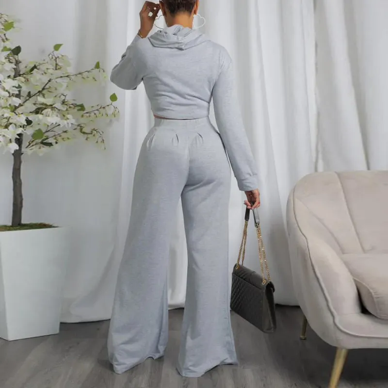 Solid Long Sleeve Irregular Hoodie Top & Wide Leg Pants Set