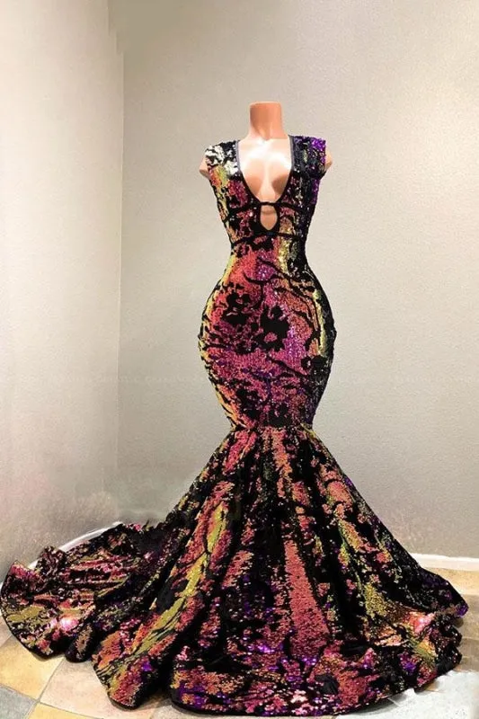Sparkly Sequin Mermaid V-Neck Court Train Prom Dresses