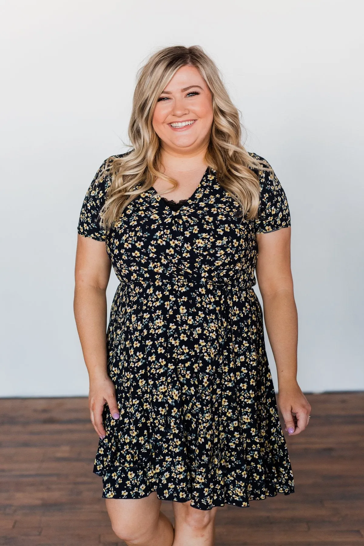 Spring Anticipation Floral Wrap Dress- Navy