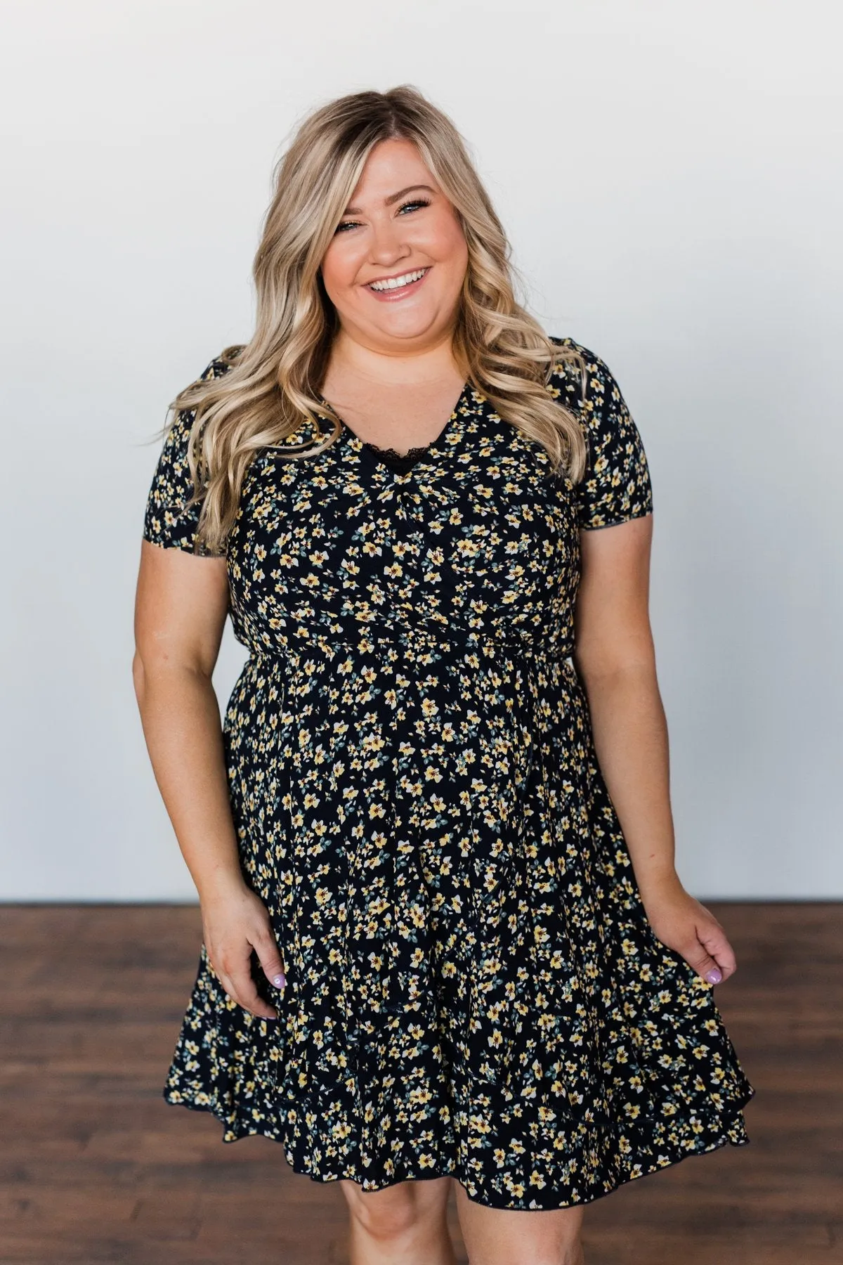 Spring Anticipation Floral Wrap Dress- Navy