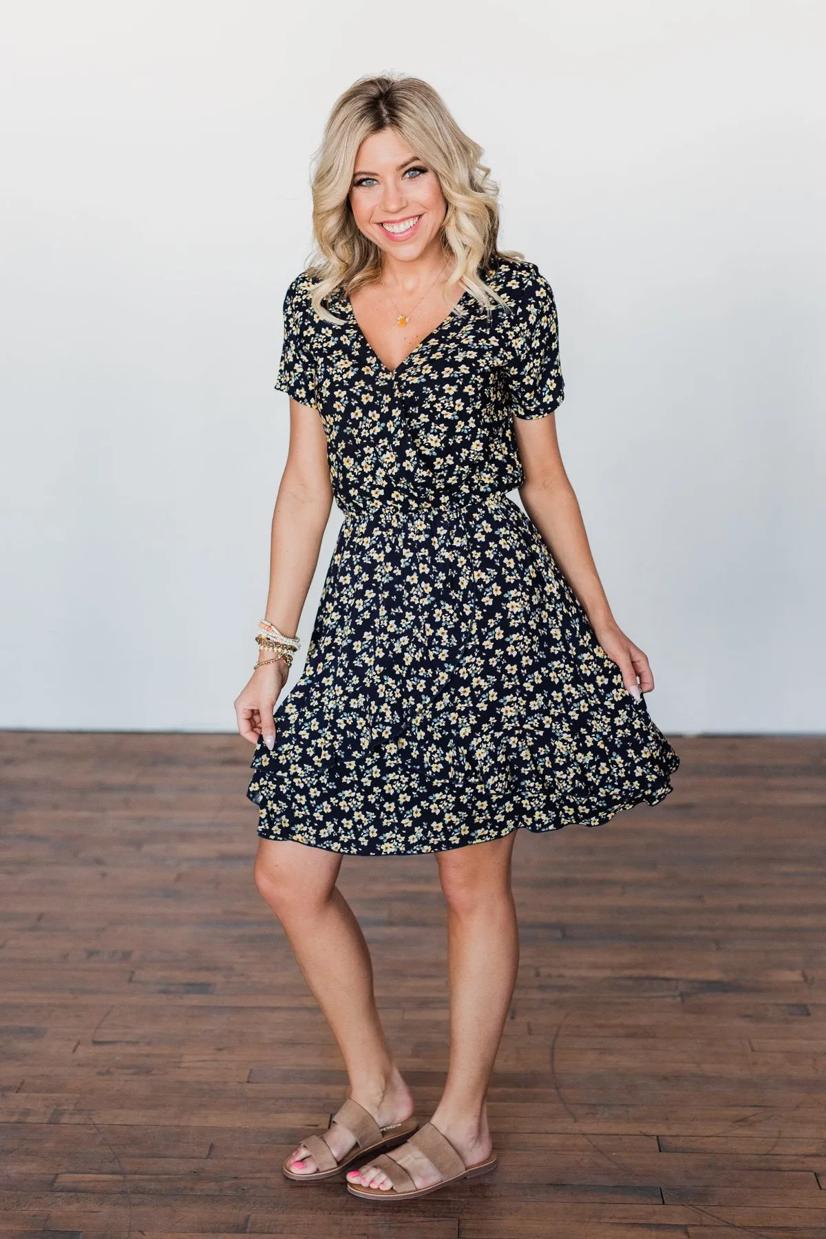 Spring Anticipation Floral Wrap Dress- Navy