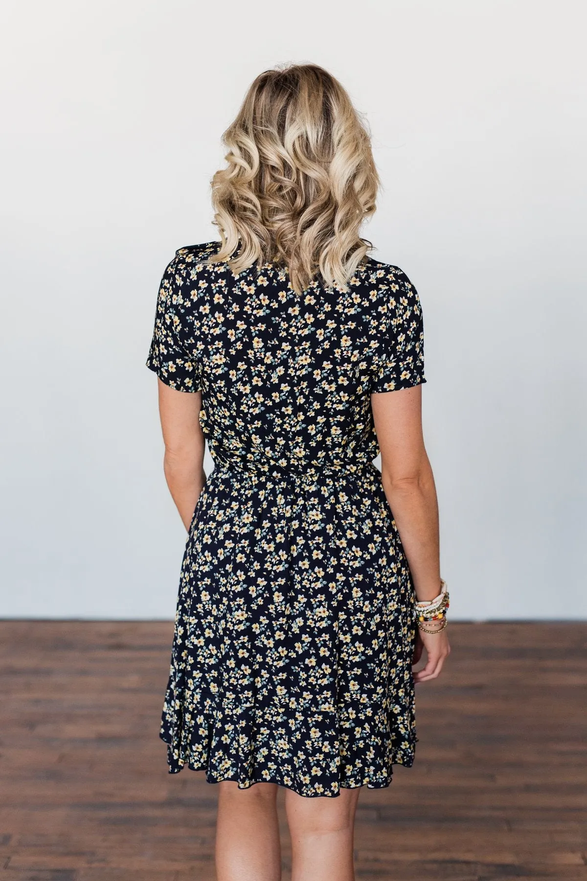 Spring Anticipation Floral Wrap Dress- Navy