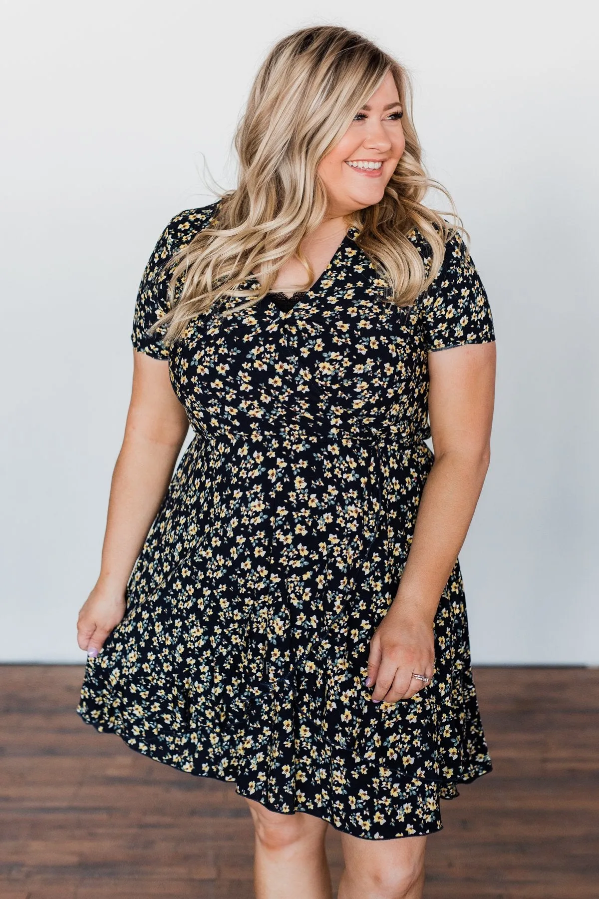 Spring Anticipation Floral Wrap Dress- Navy