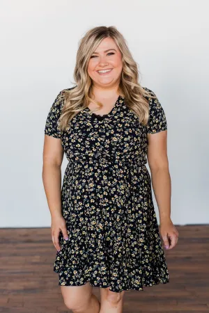 Spring Anticipation Floral Wrap Dress- Navy