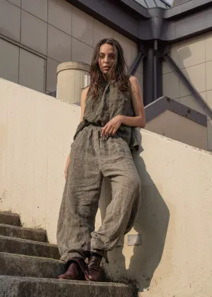 Stonewashed Linen Round Neck Hi-Lo Top