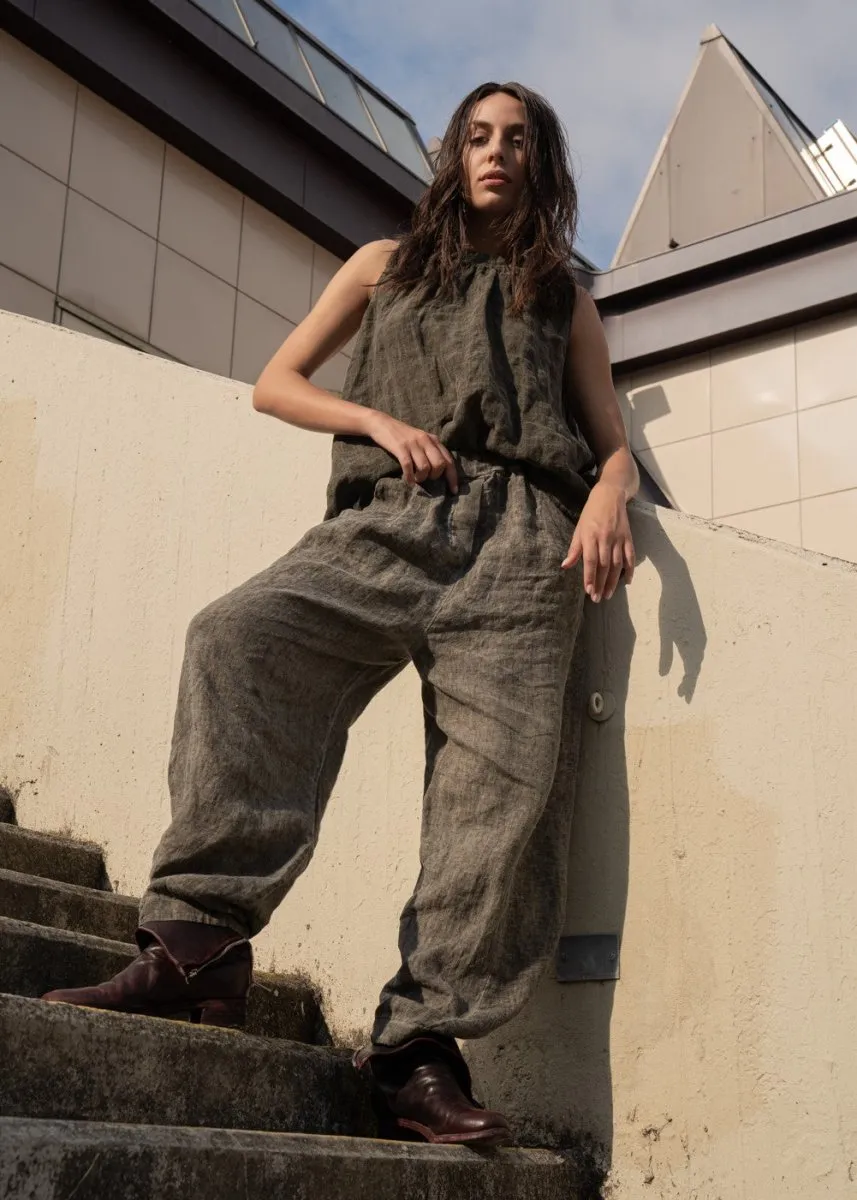 Stonewashed Linen Round Neck Hi-Lo Top