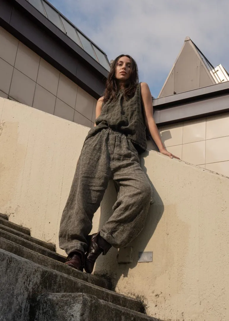 Stonewashed Linen Round Neck Hi-Lo Top