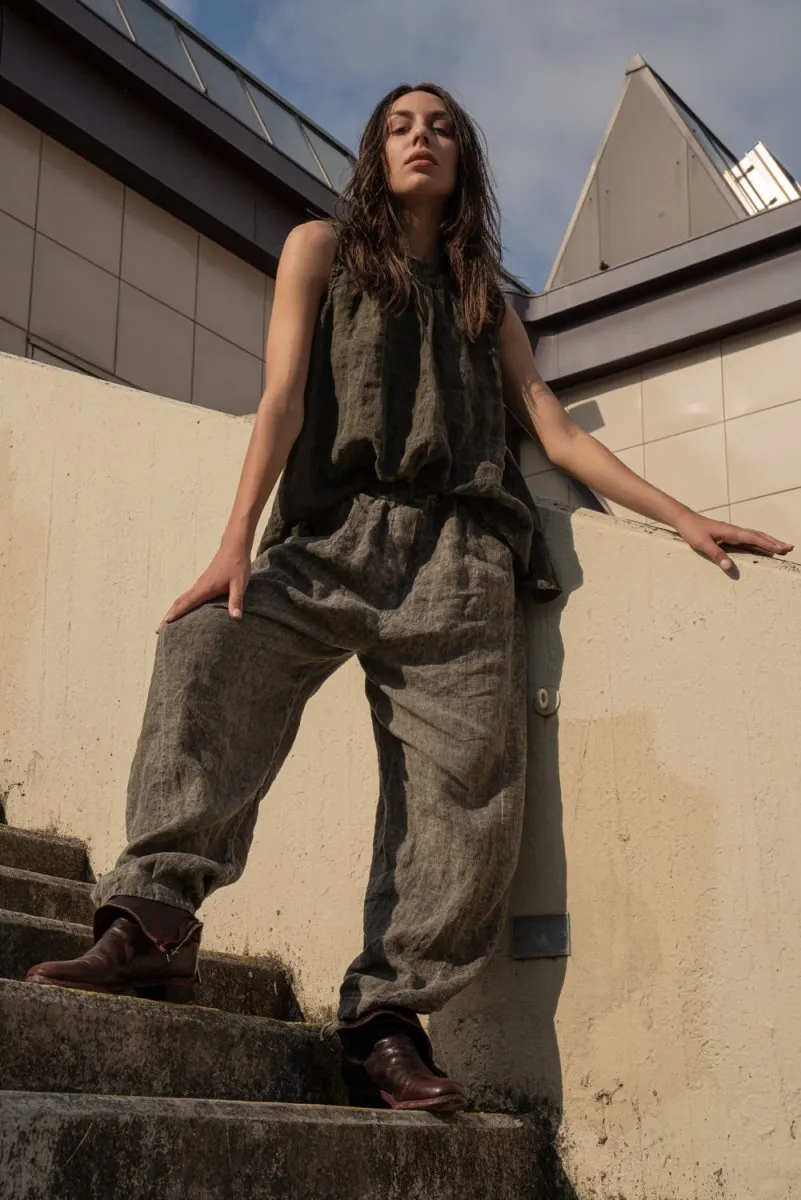 Stonewashed Linen Round Neck Hi-Lo Top