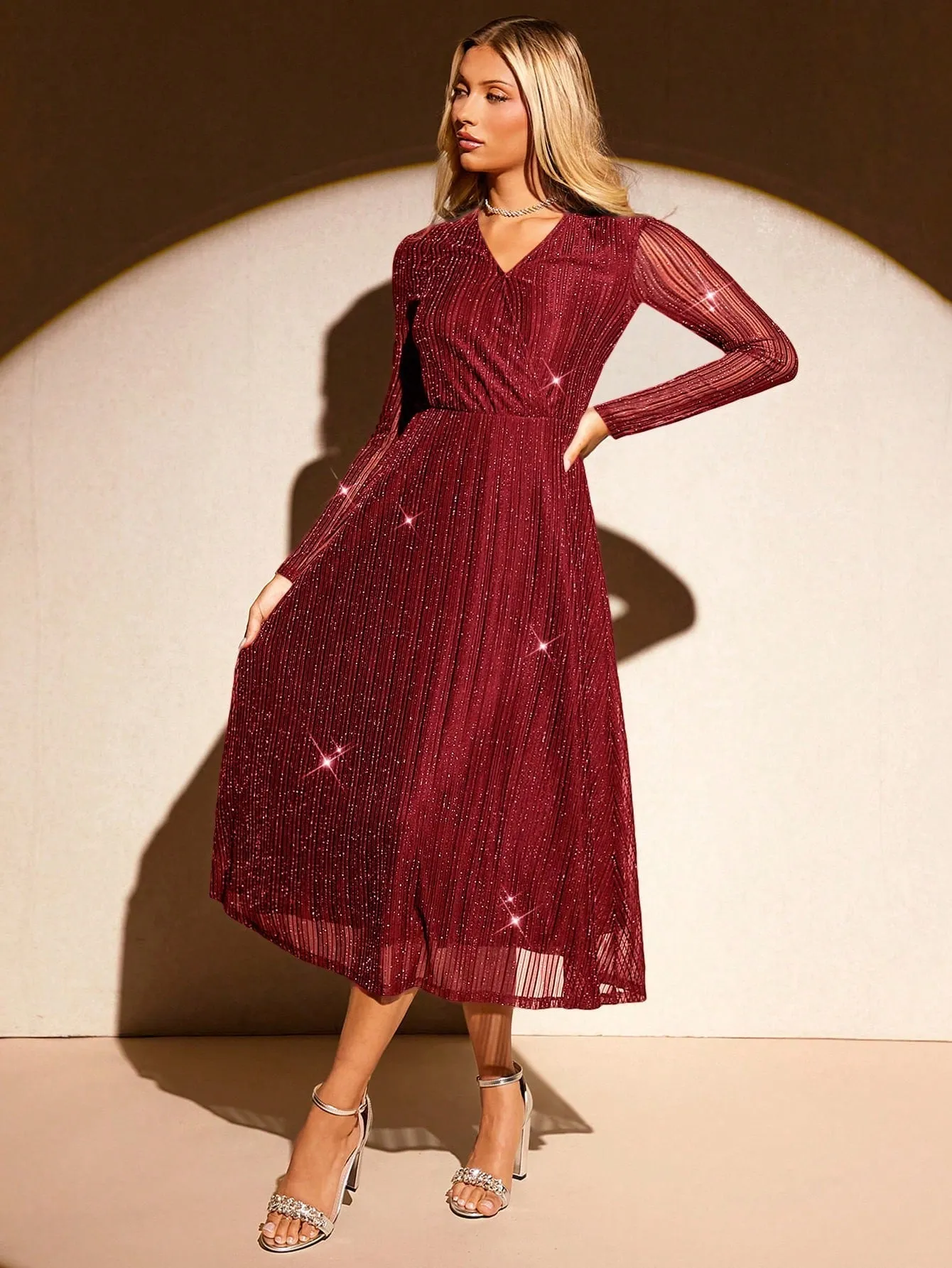 TAMIR V-Neck Long Sleeve A-Line Lurex Fabric Midi Dress