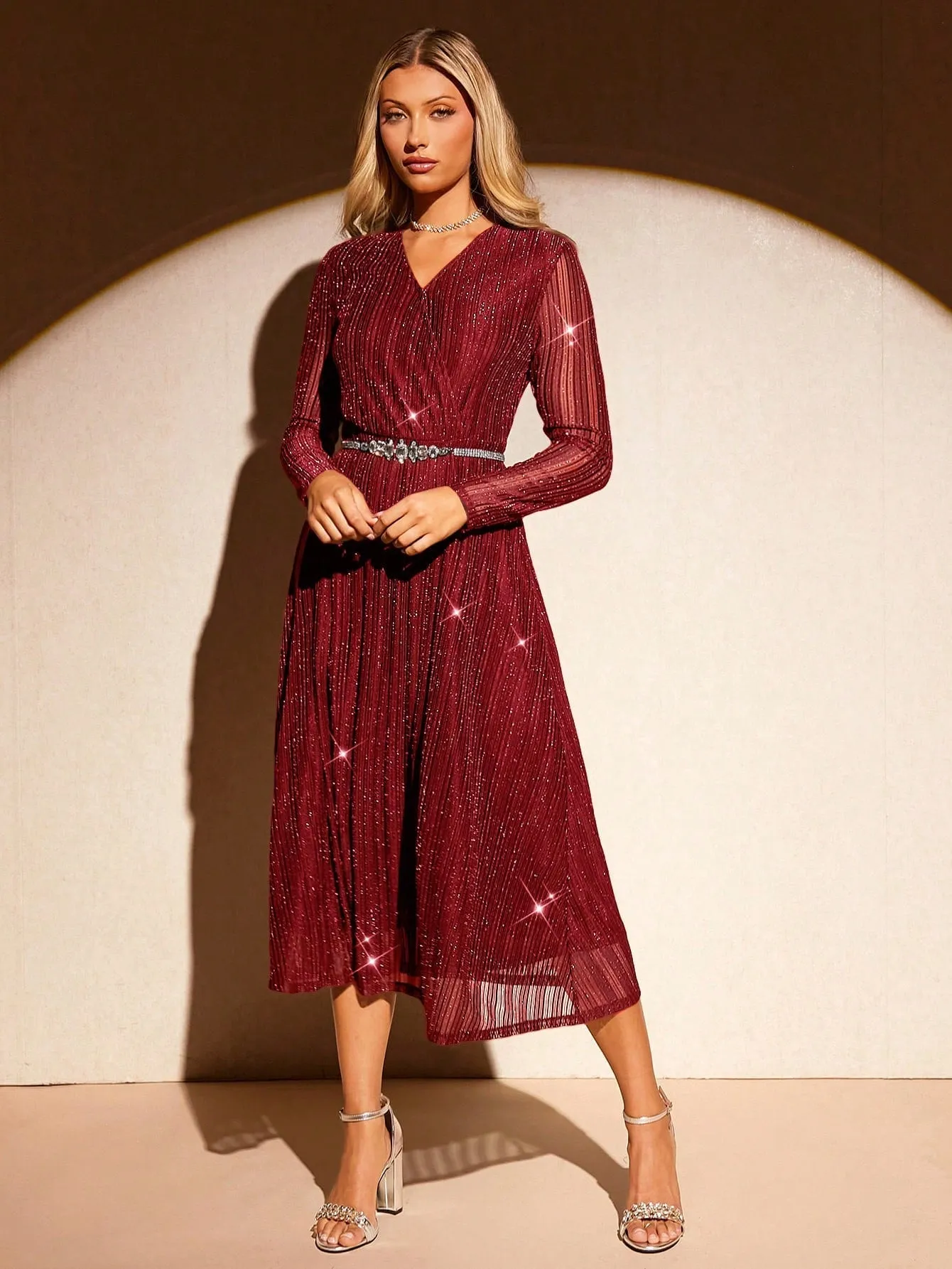 TAMIR V-Neck Long Sleeve A-Line Lurex Fabric Midi Dress