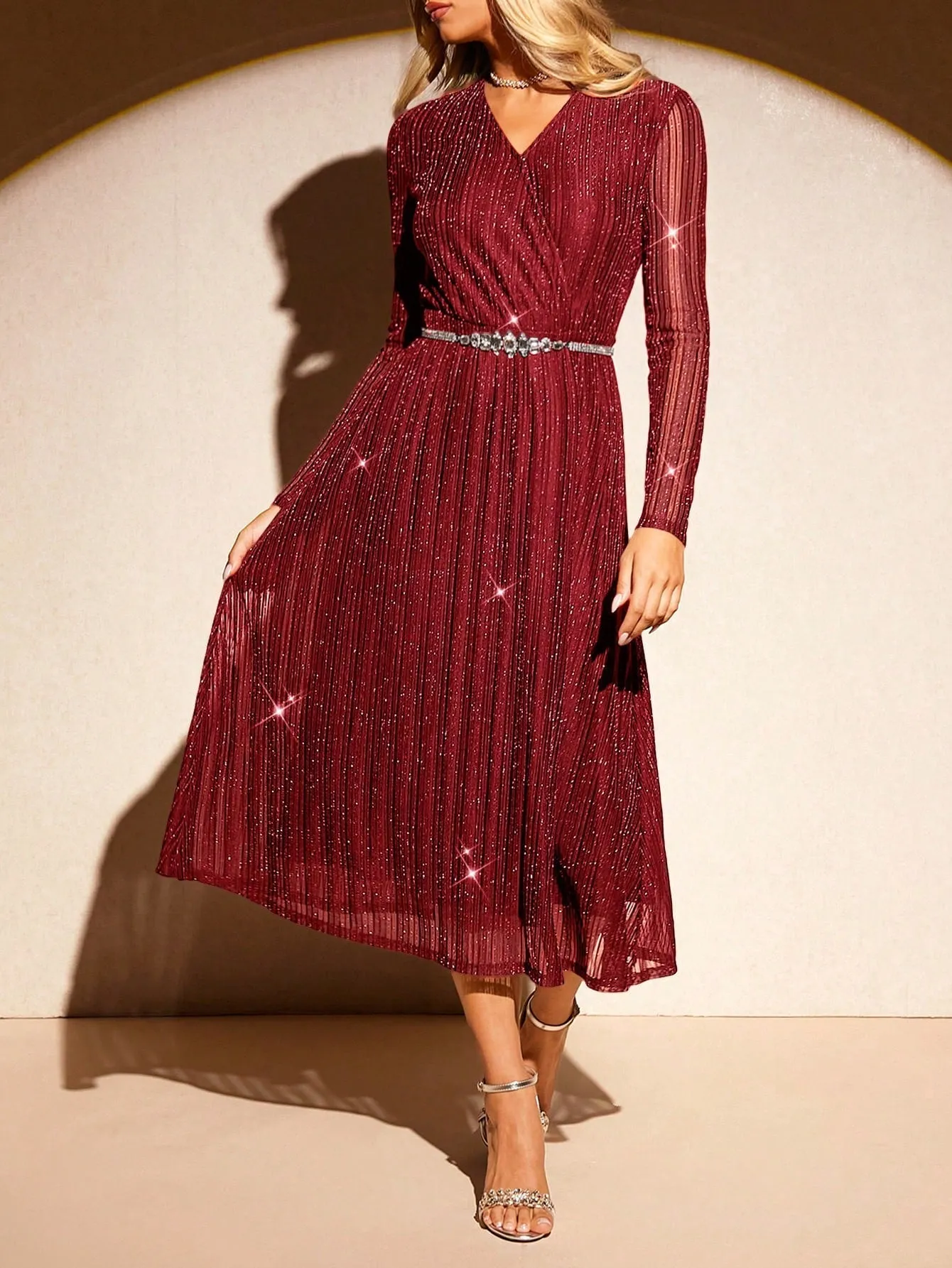 TAMIR V-Neck Long Sleeve A-Line Lurex Fabric Midi Dress