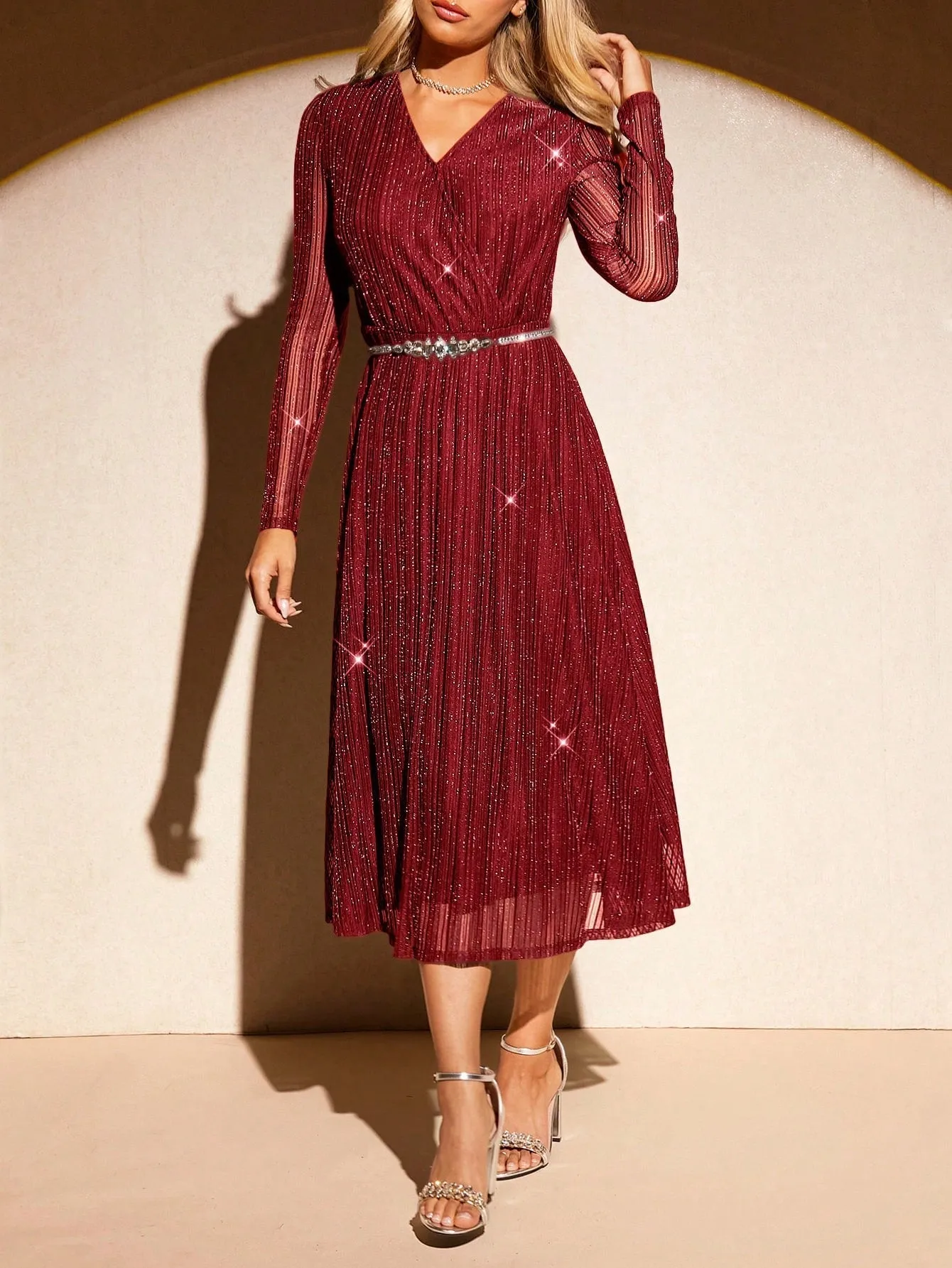 TAMIR V-Neck Long Sleeve A-Line Lurex Fabric Midi Dress