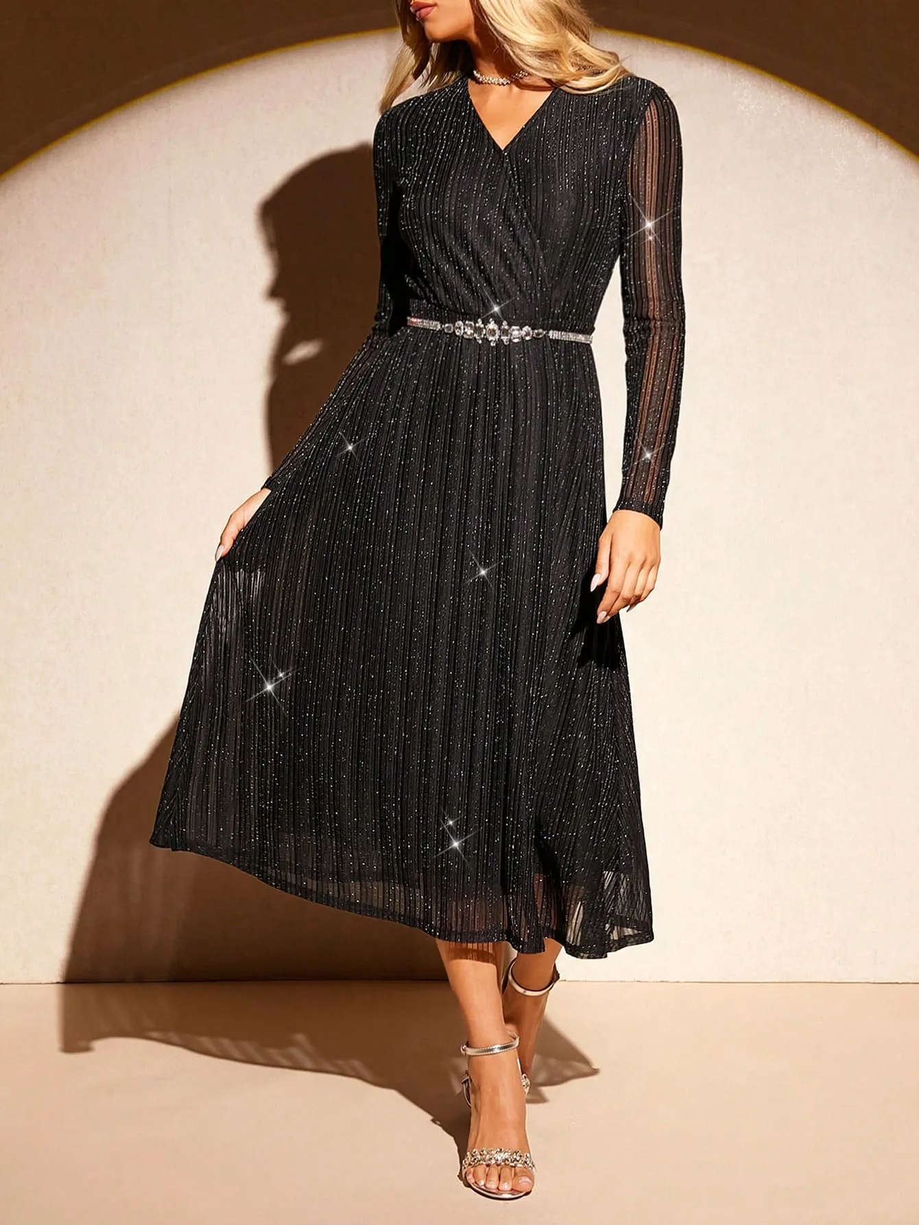 TAMIR V-Neck Long Sleeve A-Line Lurex Fabric Midi Dress